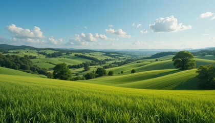 Fototapeta premium Lush Green Rolling Hills Under Blue Sky with Soft Clouds