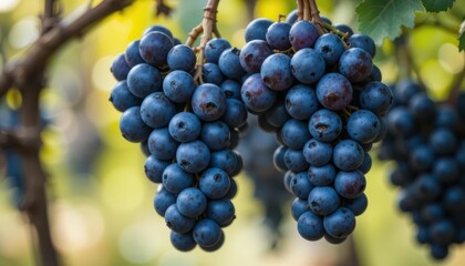Fresh Blue Grapes Hanging on Vine in Sunny Vineyard Setting