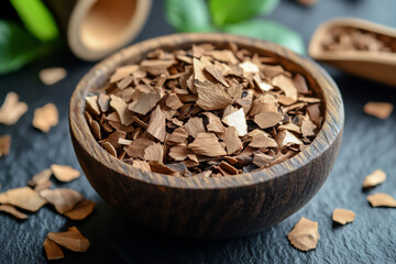 close-up of dry, loose-leaf pipe filled with brown wood chips on a black background.