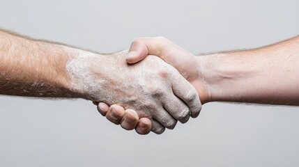 Fototapeta premium Close-up of two hands shaking, covered in white powder