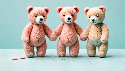 Three happy teddy bears holding hands.