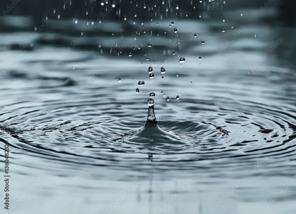 Poster Raindrops falling on water surface creating ripples and splashes