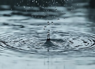 Raindrops falling on water surface creating ripples and splashes