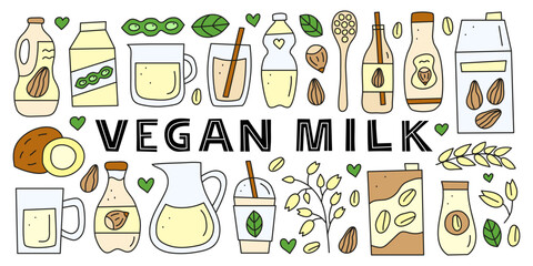 Set of doodle colored vegan milk isolated on white background. Soy, oat, coconut, rice, hazelnut milk. Plant based alternative beverages. Vegan calcium sources. Healthy nutrition.