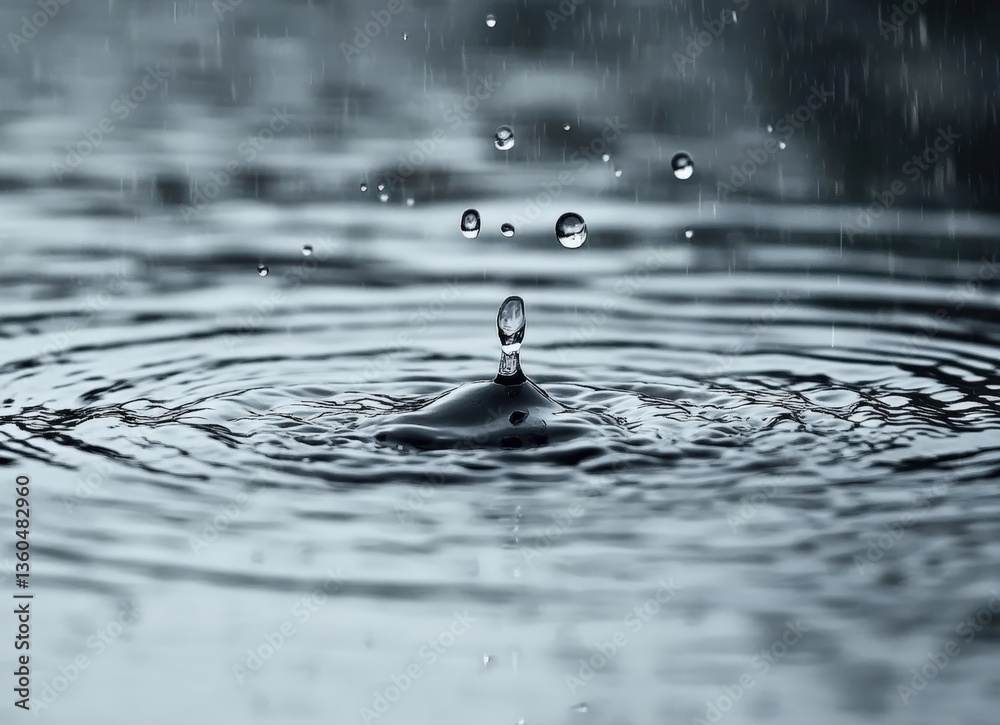 Poster raindrops falling on water surface creating ripples and splashes