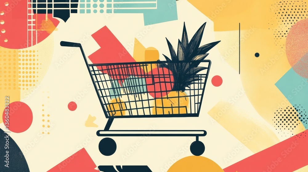 Poster stylish abstract grocery shopping concept featuring geometric shapes and vibrant colors in a modern 