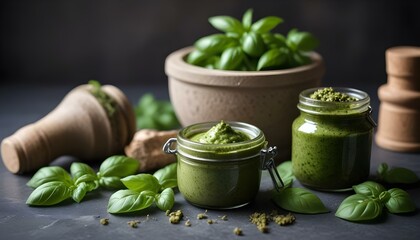 A still life photograph features a mortar filled with basil leaves next to a small jar of pesto, all set against a blurred background