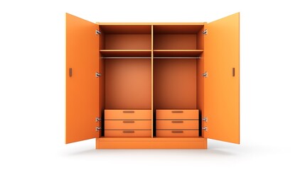 An open light - colored wooden wardrobe with hanging rods, shelves, and drawers inside, on a white background, minimalist style, high - quality 3D render