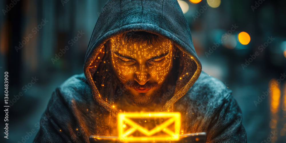 Poster hooded cyber hacker in urban setting with glowing digital email icon and face illuminated by compute