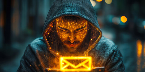 Hooded cyber hacker in urban setting with glowing digital email icon and face illuminated by computerized data patterns at night