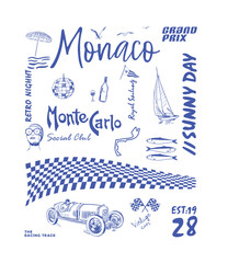 Monaco travel hand drawn vector art, Monaco vintage racing club vector design, French summer vacation artwork for t shirt, poster, tote bag, wall art