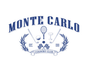 Monaco vintage sports club vector design, Royal classic social club artwork, Vintage sports club logo type  vector design, Monte Carlo golf club print design