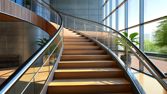 A modern, curved staircase with glass railings ascends in a bright, contemporary space filled with natural light and greenery. Concept of architectural elegance.