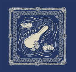 Western country music bandana design, Rock music festival pattern design, Western country  music artwork for t shirt, tote bag, screen print