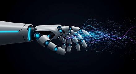 An AI-powered robotic hand icon reaching out with digital code streams