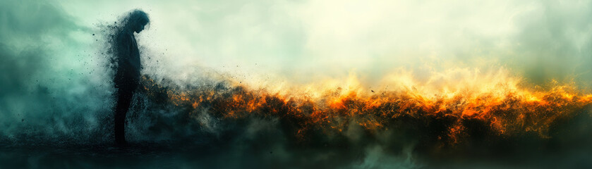 Naklejka premium Abstract depiction of a man dissolving into particles with fiery energy transformation in a surreal dreamscape