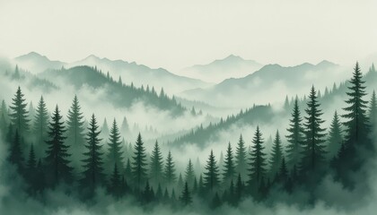 Serene Misty Forest Landscape with Mountains and Evergreen Trees