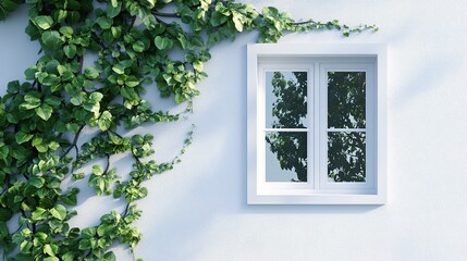 A white wall with a window framed in white, covered with green vine plants, natural lighting, realistic style