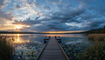 Fototapeta premium Serene Sunset Over Calm Lake with Wooden Dock and Lush Surroundings