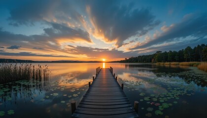Fototapeta premium Serene Sunset Over a Tranquil Lake with a Wooden Pier and Reflections