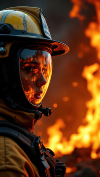 A female firefighter looking at a wildfire scene while wearing protective gear.