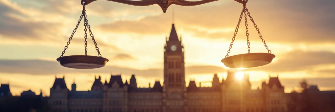 Balanced scale of justice with parliament building against warm sunset backdrop - Powered by Adobe