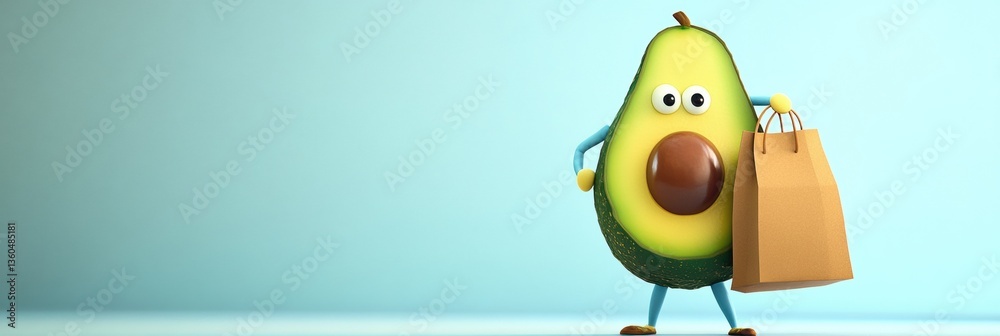 Poster humorous cartoon avocado enjoys grocery shopping with a playful grocery bag in a light pastel settin