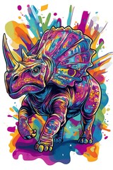 Obraz premium Colorful triceratops illustration portrays a vibrant prehistoric creature with creative splashes