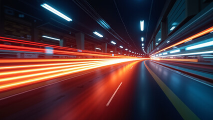 Abstract high-speed movement background. Dynamic motion light trails with motion blur effect on dark background. Futuristic, technology pattern for banner or poster design.