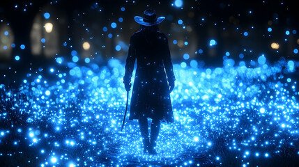 Mysterious figure in long coat walks away from viewer through a field of glowing blue lights at night