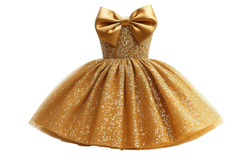 Obraz premium A Dazzling Golden Glitter Dress, Perfect For A Little Princesss Special Day, Features A Large Satin Bow And A Full, Sparkly Skirt Isolated on Transparent Background