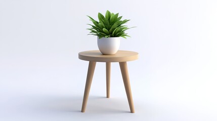 A potted green plant on a light - colored wooden round table, against a light gray wall, minimalist and natural