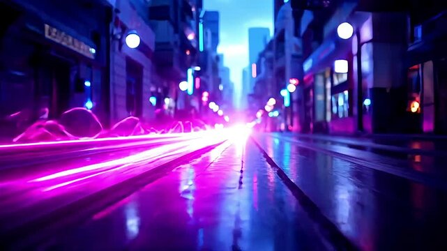 A neon hoverboard leaving bright pink trails through a cyber street.