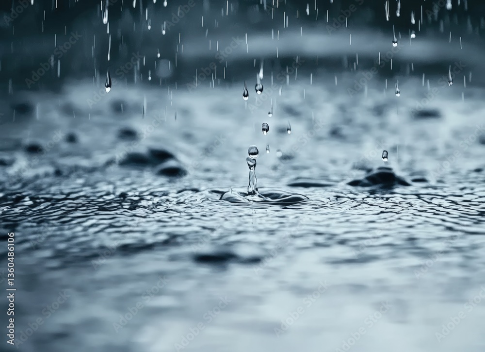 Poster raindrops falling on water surface creating concentric ripples on rainy day