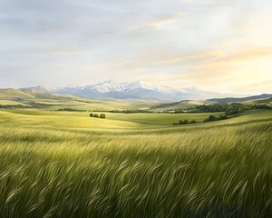 Obraz premium Serene Mountain Valley Sunset Wheat Field.