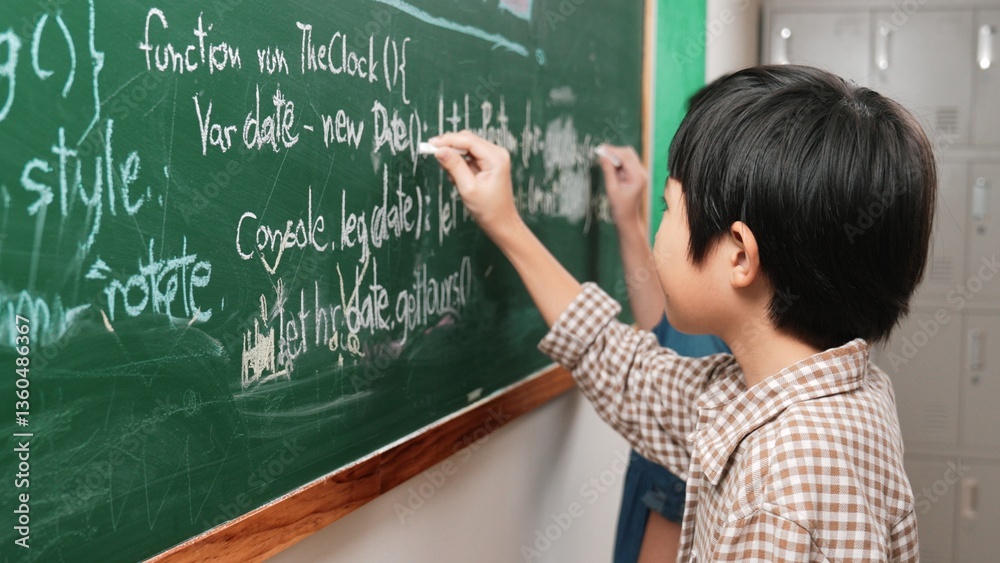 Poster side view of asian boy writing engineering prompt and programing system while standing blackboard wi