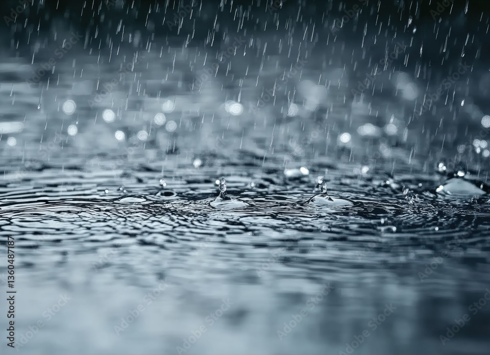 Aufkleber heavy rain falling on water surface creating ripples and splashes