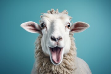 Obraz premium Portrait of a Happy Sheep, Mouth Open Against a Blue Background, Livestock, Farm Animal