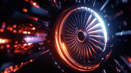 Close - up of an aircraft engine with glowing blades inside, against a dark background, high - tech, metallic texture, dramatic lighting