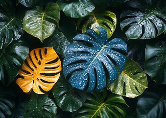 Tropical Leaves with Rain, and Dark Background.