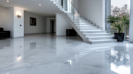 Obraz premium Modern, spacious interior with polished marble flooring. Large windows offer stunning views. Sleek staircase and elegant design