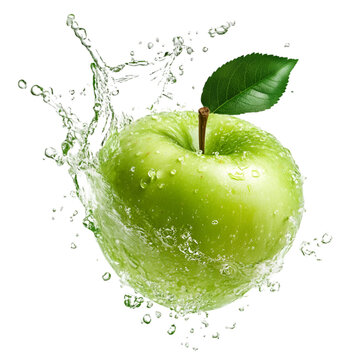 Liquid splashing green apple fruit isolated on white