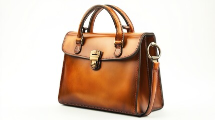 A brown leather handbag on a light - colored background, high - quality product render, minimalist style