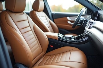 Luxurious brown leather car seats are displayed, highlighting comfort and style within the vehicle