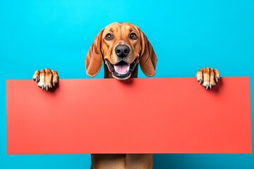 Ð¡ute dog bloodhound hold in front paws a template - large red way sign. Dog posing ad. Isolated dog on a solid clothing blue background. Blank board furry pose. Branding with wild pet.