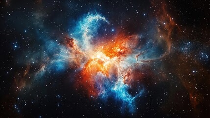 An image of a nebula with blue, red, and orange gases and dust, scattered with stars around, cosmic style, high - resolution space photography