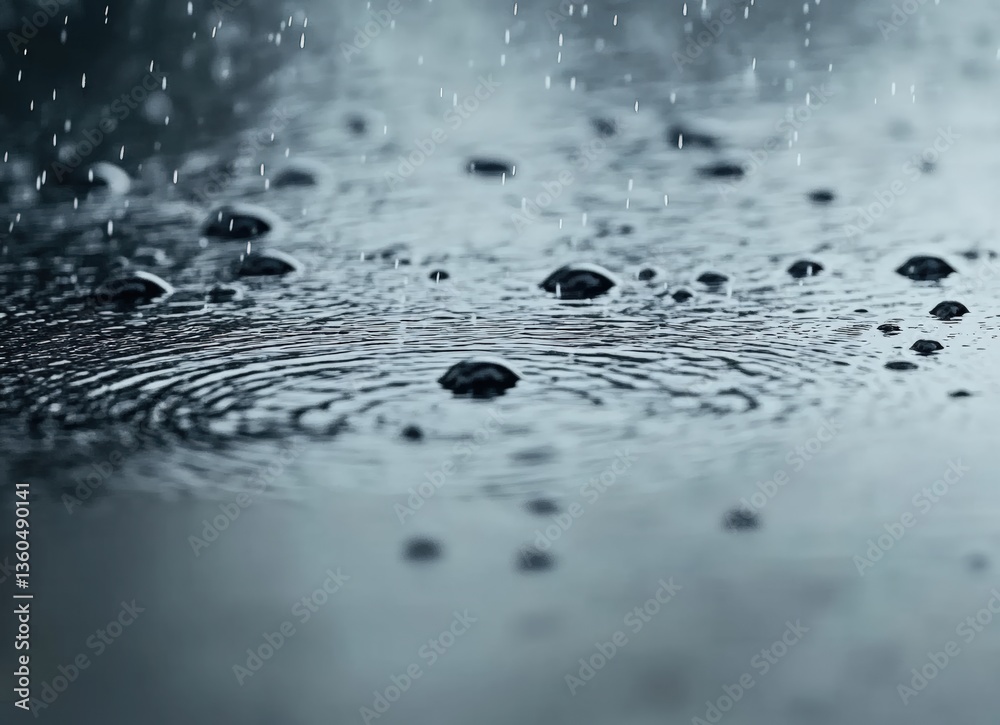 Poster raindrops falling on water surface creating concentric ripples on rainy day