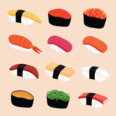 Colorful vector illustration of various sushi types, including nigiri and gunkan maki with different toppings such as salmon, tuna, shrimp, and fish roe. Perfect for Japanese restaurant menus