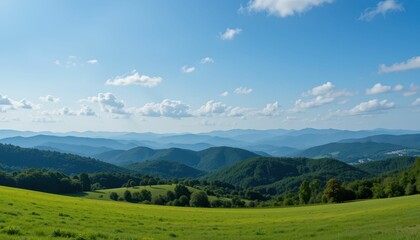 Fototapeta premium Expansive Green Landscape with Rolling Hills and Blue Sky