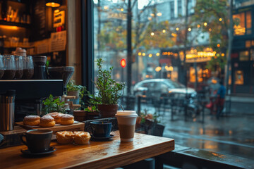 Coffee, pastries, and plants sitting on a cafe table by a window during a rainy evening
